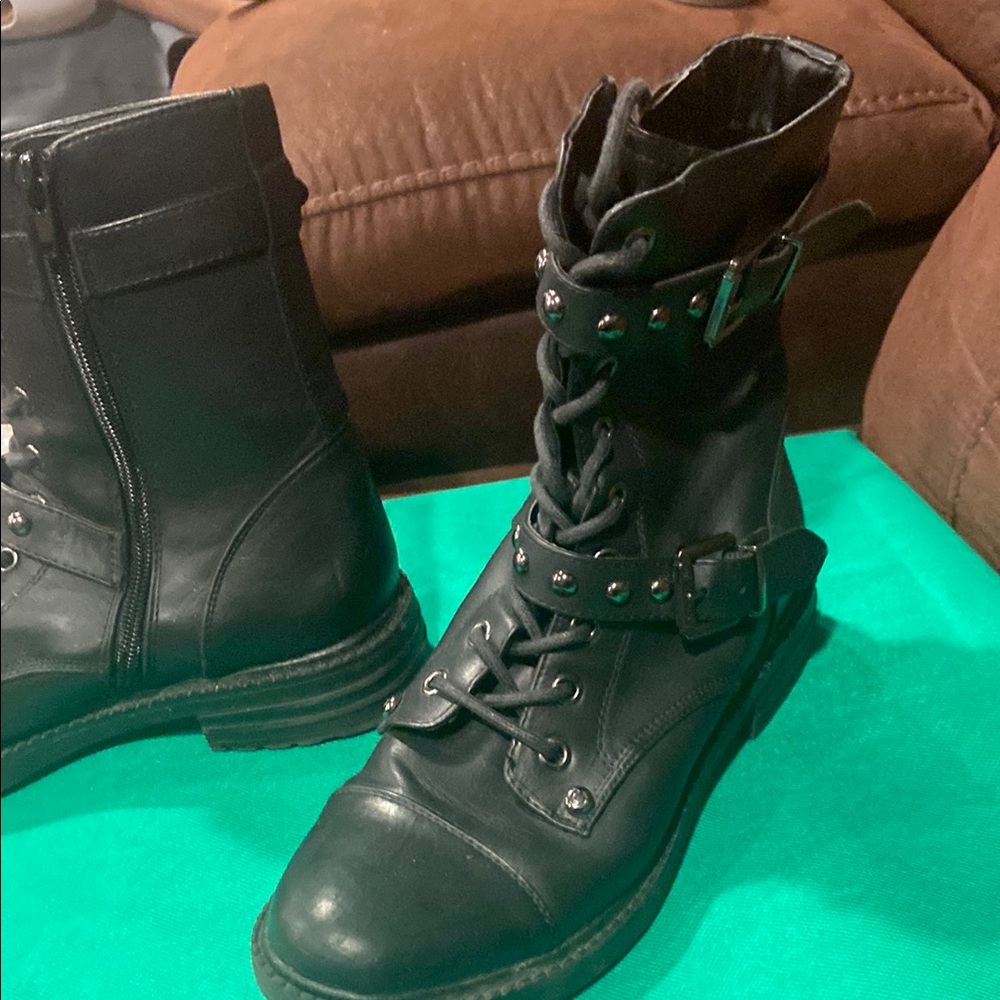 Guess Women's Black Leather Combat Boots - Picture 3 of 5